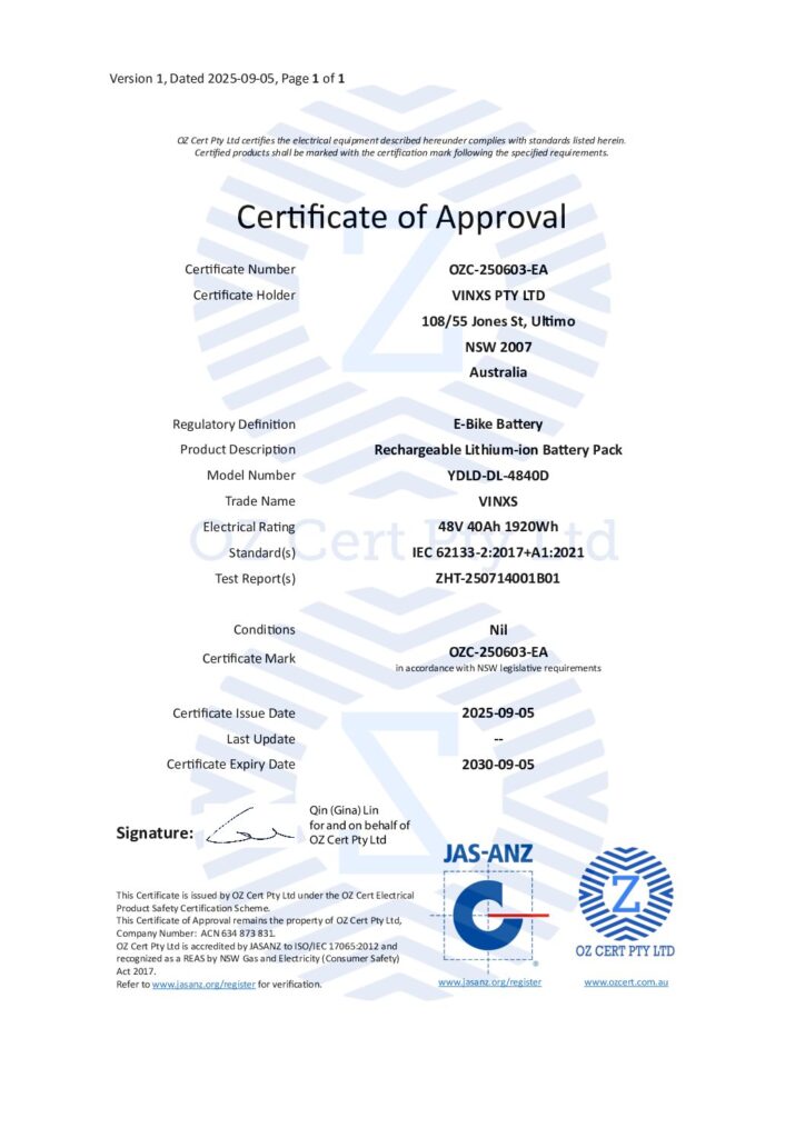 VINXS Battery Pack Certificate of Approval OZC-250603-EA