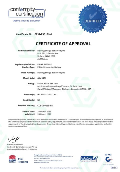 Flowing Energy Battery Certificate