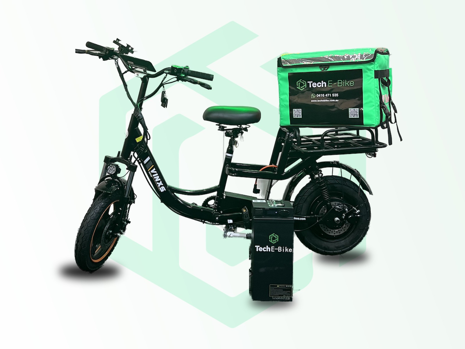Tech E-Bike VINXS delivery e-bike with orange delivery bag, helmet, charger, spare battery and locks at the Redfern store