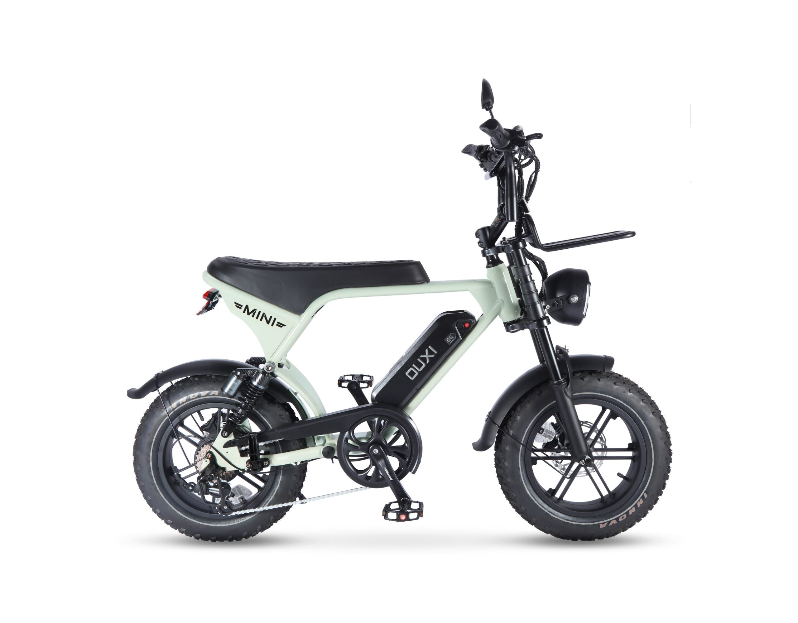 OUXI V8 Ultra Mini fat tyre e-bike in green, side view