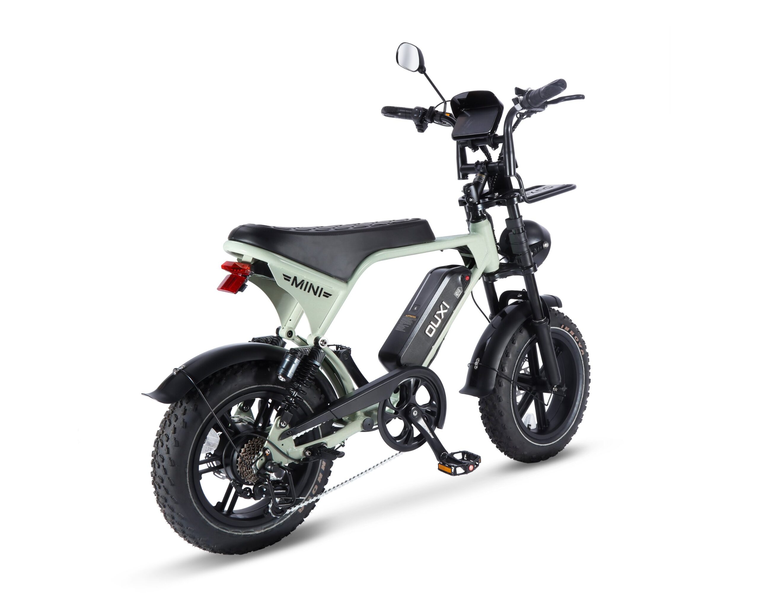 OUXI V8 Ultra Mini fat tyre e-bike in green, rear three-quarter view