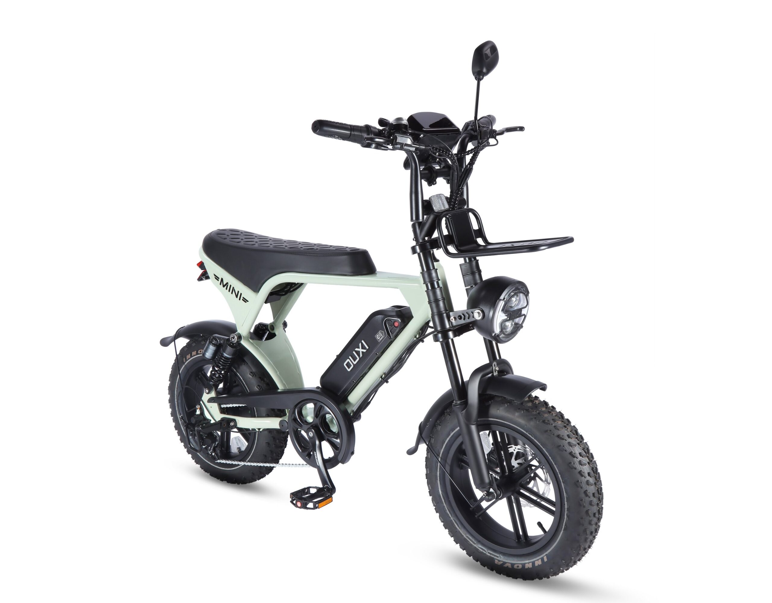 OUXI V8 Ultra Mini fat tyre e-bike in green, front three-quarter view with front rack