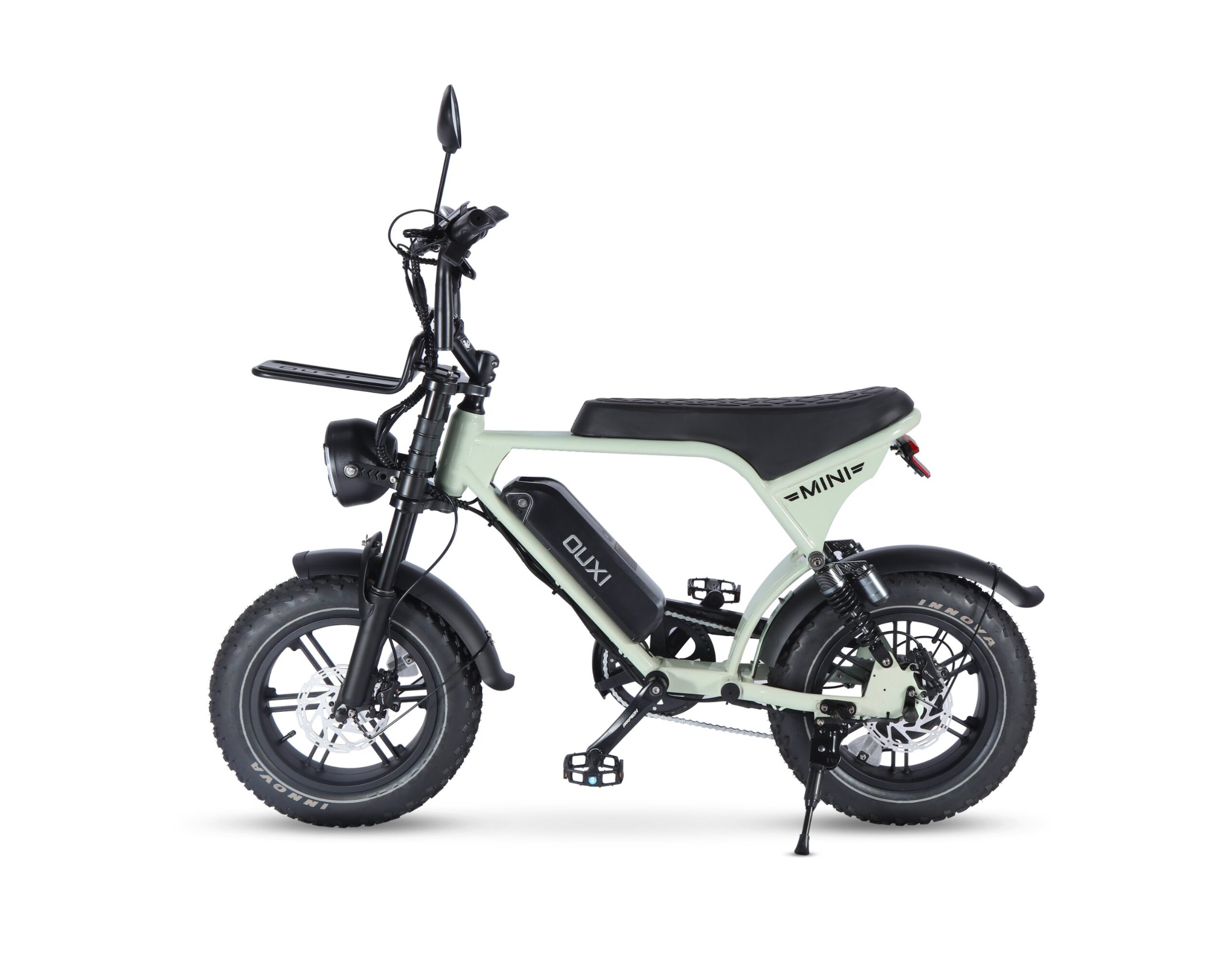OUXI V8 Ultra Mini fat tyre e-bike in green, left side view