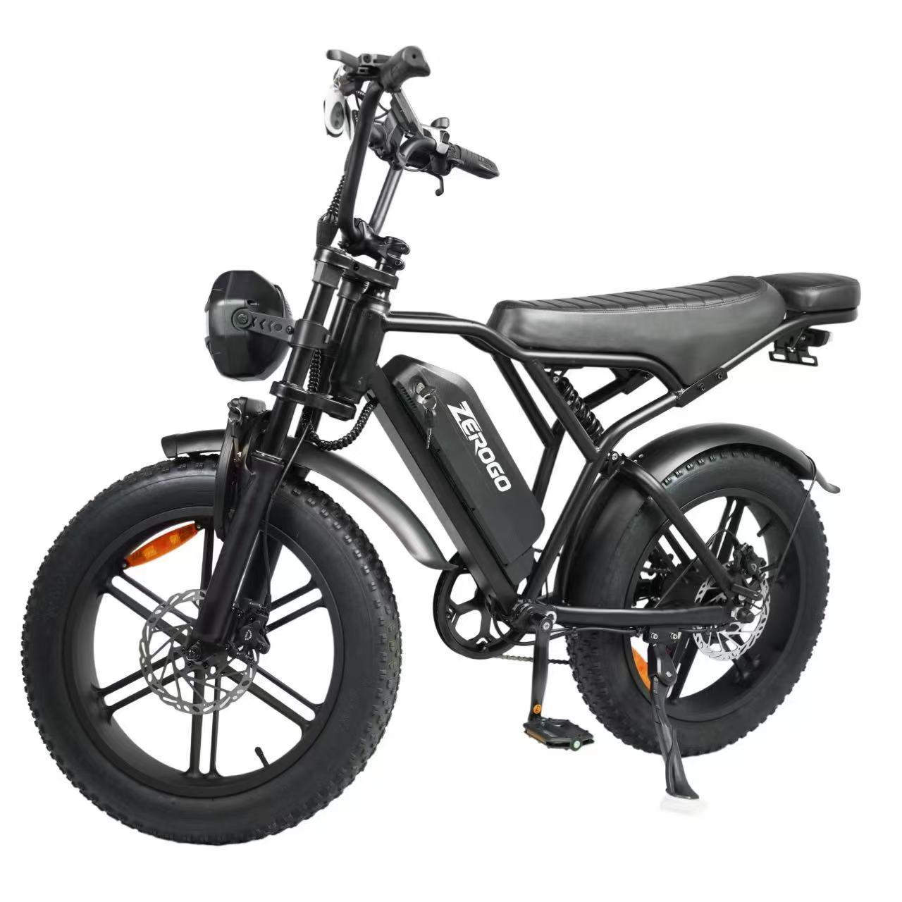 ZEROGO V8 fat tyre electric bike in black, front three-quarter view